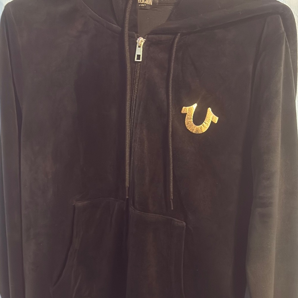 True Religion Black Velour Hoodie with Gold Emblem